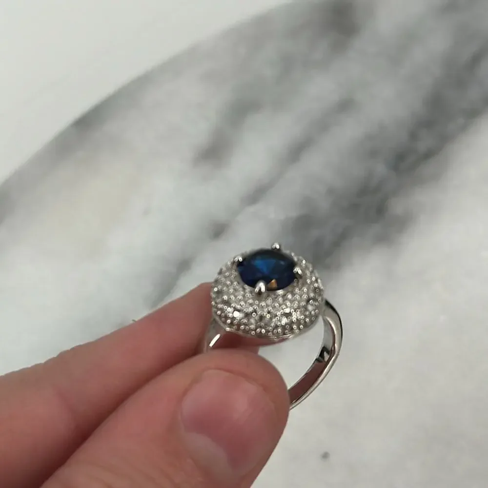 Silver plated blue glass domed halo encrusted ring size 6.5